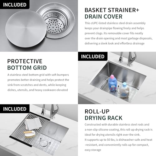 Image of 21-Inch Undermount Kitchen Sink, SINKVINE Stainless Steel Single Bowl | 21x18x10 Deep Prep Sink for Outdoor Kitchens, Bars, Laundry Rooms and RVs with Bottom Grid, Drain Strainer and Drying Rack