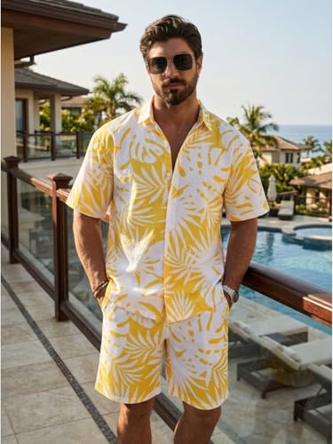 Image of BROWN CULTURE Men's Cotton Floral Print Co-ord Sets with Shirt & Shorts Collar Neck Standard Length and Button Down Closure Type | Night Suit for Men