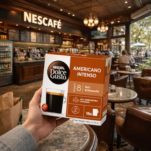 Image of NESCAFE Dolce Gusto Americano Intenso Coffee Capsules - 16 Pods (160g) Box - Premium Arabica Roast & Ground Coffee, Powerful & Full-Bodied Flavor, Intensity 8, Compatible with Dolce Gusto Machines, By Cougar - (IMPORTED-UK)