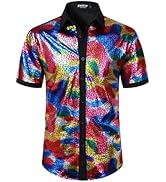 JEMITOP Men's Shiny Metallic Sequin Stretchy Short Sleeve Button Down Shirts for 70s Disco Party ...