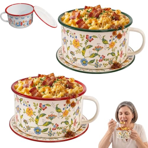 BUCIES Soup Mug with Plate Lid Lightweight Enamel Noodle Bowl with Lid and Handle 40OZ Large Wide Soup Mug Cereal Bowl with Red Trim Vintage Floral for Ramen Oatmeals Salad Pastas Camping (Set)