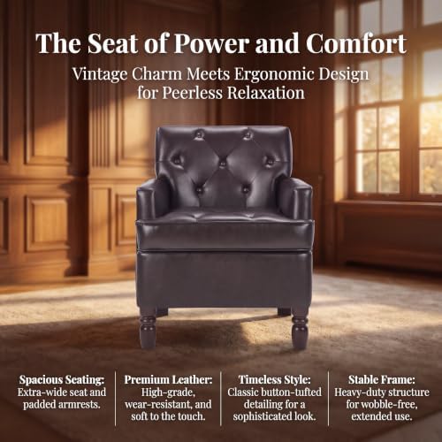 Image of Leather Recliner Chair, Vintage Single Reclining Couch, Brown