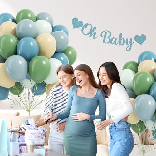 Image of 12inch Blue and Green Balloons with Sage Dusty Blue Pastel Green Balloons | Bridal, Woodland, Birthday, Baby Shower Decorations