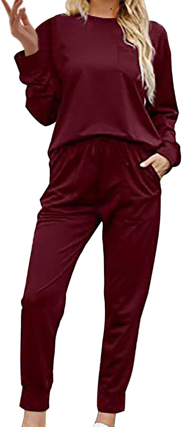 2 Pack Womens Pajama Sets Long Sleeve Cotton Lounge Sets Soft Pj Crew Neck Sleepwear and Drawstring Pockets Jogger