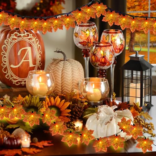 Image of GOOTHY Fall Decor Orange Maple Leaf String Lights Plug in, 13.6Ft LED Outdoor Thanksgiving Decorations Lights with 35 Maple Leaves Light, Hanging Halloween Leaves Light for Outdoor Fall Party Window