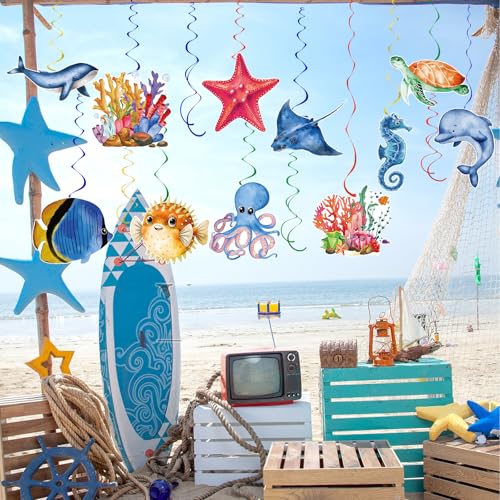 Image of 48 Pieces Sea Animals Hanging Swirl, Under the Sea Animals Fish Birthday Ocean Party Ceiling Decor Tropical Fish Beach Party Favors for Boys Girls Ocean Mermaid Creatures Baby Shower