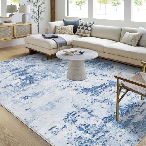 GarveeHome 9x12 Modern Abstract Accent Rug for Living Room Stain Resistant Non Slip Low Pile Accent Bedroom Rug Indoor Floor Cover for Office Home Decor, Blue