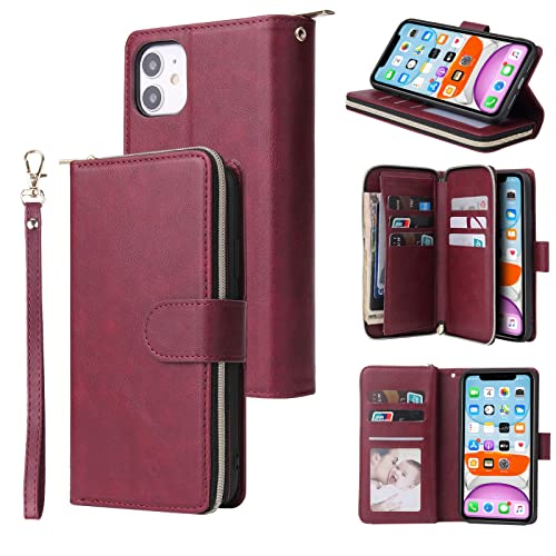 YocoverTech for iPhone 11 Pro Case, for iPhone 11 Pro Wallet Case[9 Card Slots+1 Cash Slot] PU Leather Stand Flip Zipper Wallet Cover[5.8 inch]-Wine Red