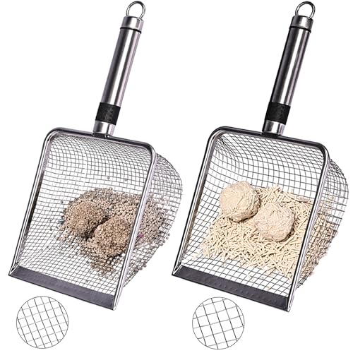 Luxzio 2-Pack Stainless Steel Cat Litter Scoop, 3.8mm Fine Mesh & 5mm Metal Scooper, 5.5-Inch Wide Deep Shovel, Long Handle, Rustproof Cat Poop Scooper for Clumping Litter, Multi-Pet & Beach Sand