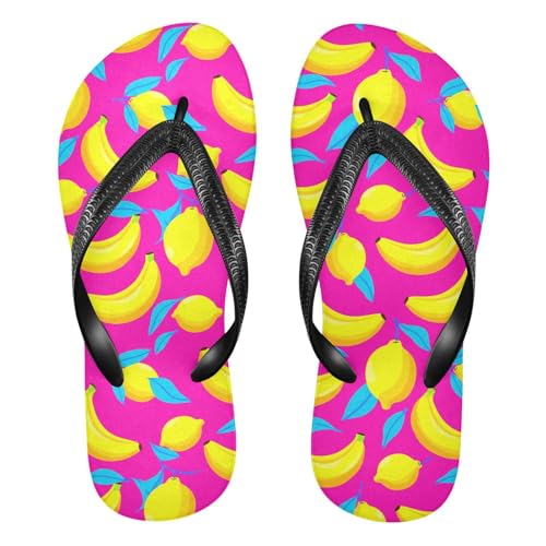 Sinestour Banana Lemon Pink Flip Flops for Beach Thong Sandals Anti-slip Lightweight Flat Slippers for House Indoor Outdoor