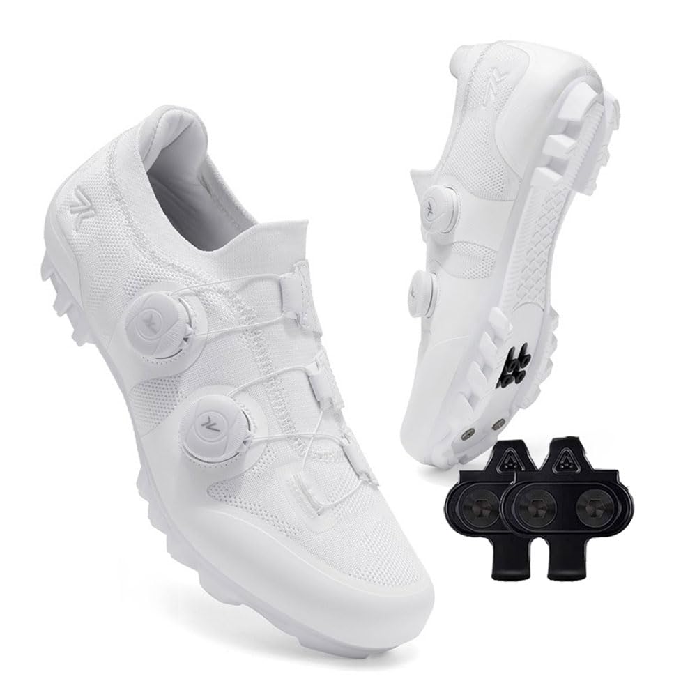 Zapatillas Ciclismo Montaña, Zapatos Bicicleta Montaña Hombre Mujer, Zapatillas de Ciclismo Verano Ligeros Calzado Bicicleta con SPD 4 Hoyos Tacos | 37-47 EU, Primavera y Verano (Blanco,45)