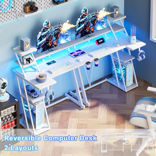 Image of Korfile 40 Inch White Gaming Desk with LED Lights & Power Outlet, Small Gaming Computer Desk with Storage Shelves, L Shaped Gamer Workstations with Monitor Stand for Bedroom