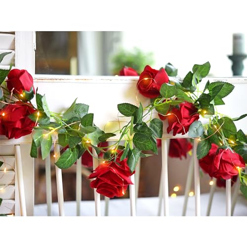 FiveSeasonStuff-29-Ft-4-Pack-Christmas-Red-Rose-Silk-Flower-Garland-Artificial-Flowers-Decoration-Hanging-Floral-with-66-feet-String-Lights FiveSeasonStuff 29 Ft 4 Pack Christmas Red Rose Silk Flower Garland Artificial Flowers Decoration Hanging Floral with 66 feet String Lights