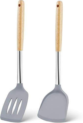 Paquete de 2 espátulas de silicona para cocinar, espátulas ranuradas resistentes al calor con mango de madera, juego de utensilios de cocina