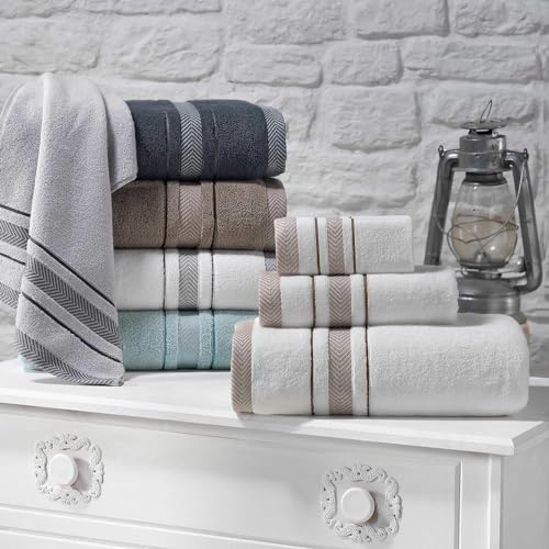 Bath Towel Set_White Towel For Bathroom, Luxury Hotel &Spa Quality, 100% Cotton .Includes 2 Large Bath Towels, 2 Hand Towels and 2 Washcloths.Super Soft, Absorbent & Decorative (White/Grey) - Image 3