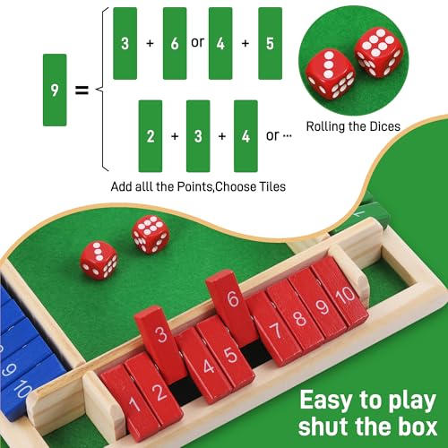 Fentar Shut the Box Game 4 Player, Puzzle Dice Games, Premium Wooden Dice Board Game, Fun Close the Box Game, Colorful Wooden Games with 8 Dices, Educational Table Math Game, Holiday Games for Family