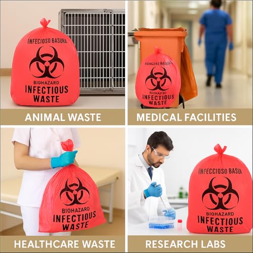 Image of Biohazard Infectious Waste Bags with Secure Zip Ties, 10 Gallon, 24 inch x 23 inch, Red, OSHA Compliant, Leak-Proof & Tear-Resistant for Medical, Dental, Lab, Veterinary Use (25 Bags)