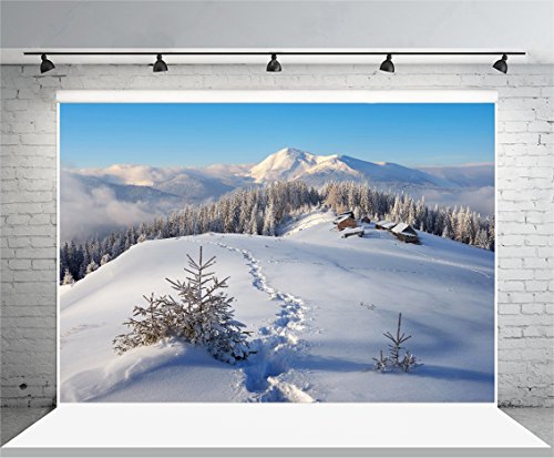 Leowefowa Winter Snowscape Backdrop 7X5Ft Snow Mountains Snowy Pine Forest Small Village Snowfield Footprints Vinyl Photography Background Child Kids Adult Photo Shoot Christmas Wintery Party Banner #TOP3