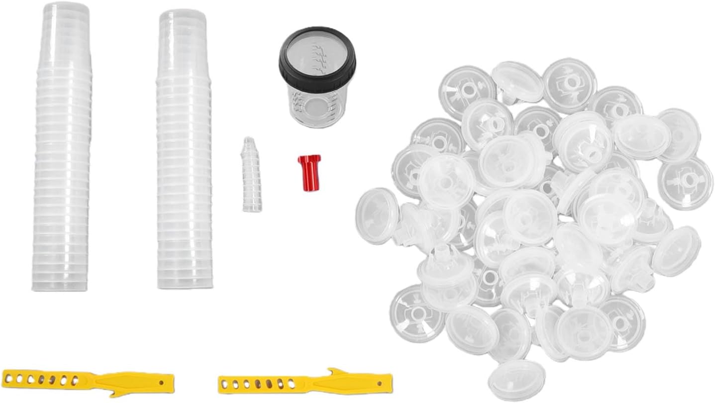 Disposable Paint Sprayer Mixing Cup 50 Liners and Lid System Standard 6 Ounce Kit 50 Cup Liners Lids 1 Hard 10 Plugs, for Automotive Craft Marine Projects
