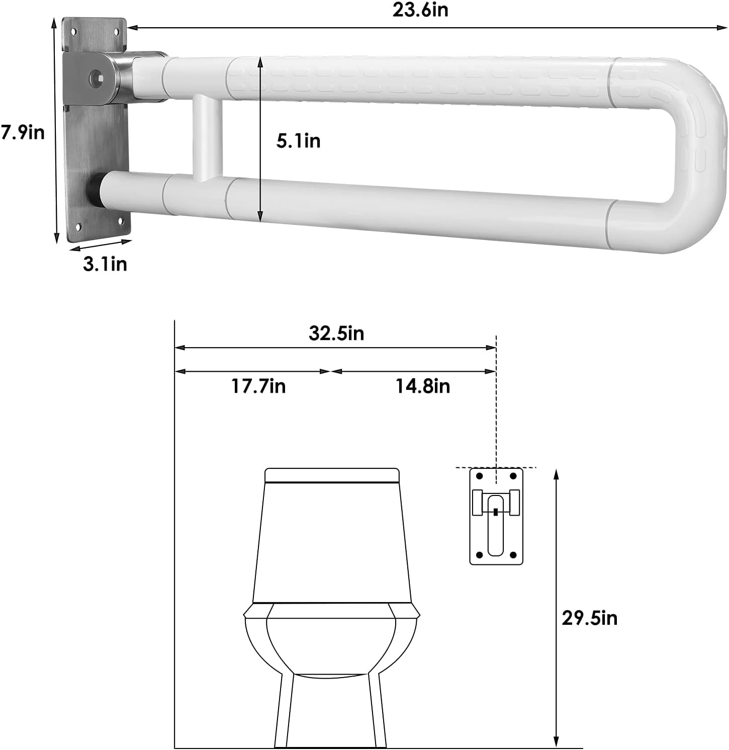 60cm Haltegriffe für Senioren, Behinderten wc Haltegriff, Wandstützgriff Klappbar wc Aufstehhilfe für Senioren 300~350 Kg,Rutschfest für Badezimmer Und Toilette (white, 60cm)