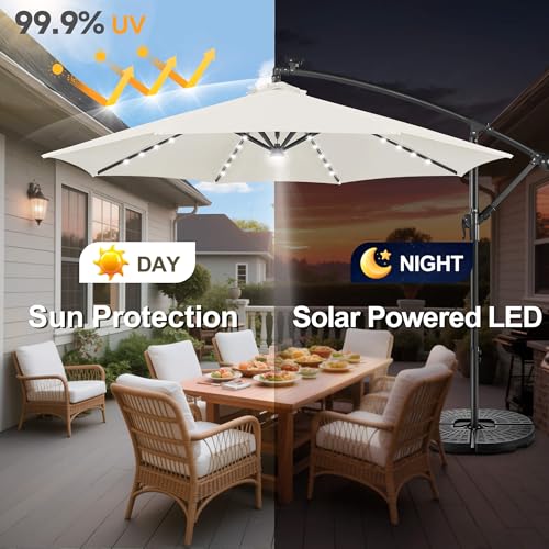 Image of Solar Offset Patio Umbrella - 10 FT Solar Cantilever Umbrella Outdoor with 40 LED Lights and Cross Base, UV Protection for Garden, Deck, Backyard, Pool, Porch, Ivory