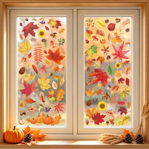 Image of Fall Window Clings 9 Sheets Thanksgiving Static Stickers for Glass Decor | Double-Sided Autumn Window Decals, Harvest Season Clings, Maple Leaves Pumpkins Decorations for Holiday Home Office Classroom