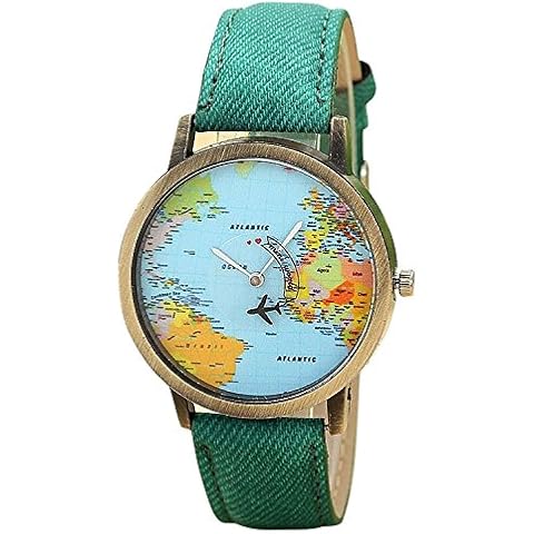 Unisex Retro Bronze Case Global Travel by Plane World Map PU Leather Band Quartz Watch (Green) Cover
