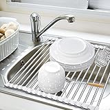 Goopool Escurreplatos Acero Inoxidable sobre Fregadero Secador de Rollos de Acero Inoxidable Plegable y Extraíble Cesta de Malla de Drenaje 43CM*35CM Gris