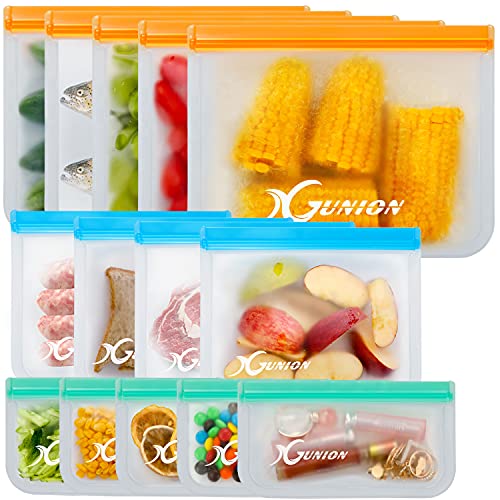 Reusable Storage Bags, 14 Pack Flat Freezer Bags Leakproof (5 Large Food Storage Bags + 4 Sandwich Bags + 5 Snack Bags), Extra Thick PEVA Food Bags