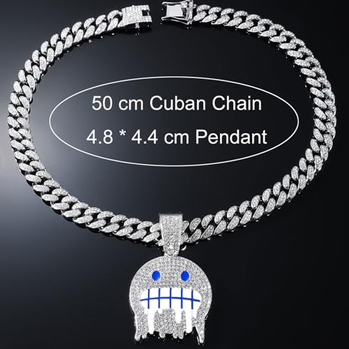 Smiling Face Hip-hop Cuban Chain, Rhinestone Pendant Necklace Jewelry For Men，Men's Fashion Jewelry Silver golden3