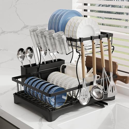YISSVIC Escurreplatos Escurridor de Platos Acero Ioxidable de 2 Niveles con Drenaje Giratorio de 360°, Portavasos y Portacubiertos Extraíbles, Soporte para Tabla de Cortar- 42 x 33,5 x 30 cm