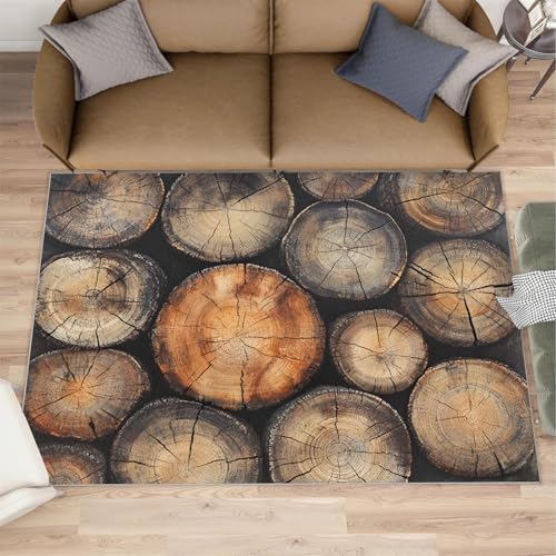 HYGIUID Wood Grain Area Rug 5x8 - Timber Texture Rugs for Living Room, Retro Round Wood Area Rugs Indoor Modern Rugs for Bedroom Hardwood Floors Teen Room