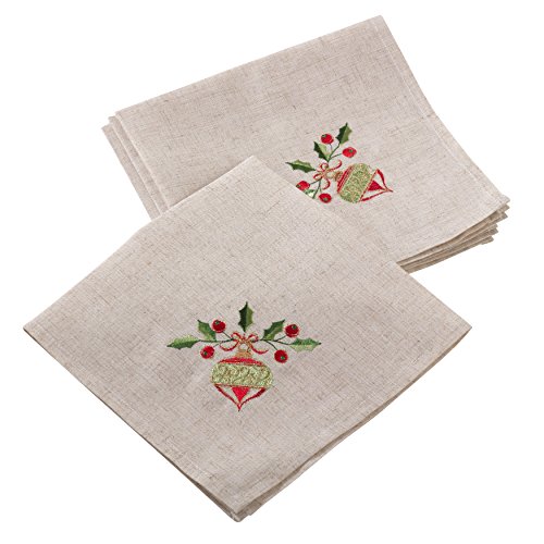 Best Cyber Monday 🔥 SARO LIFESTYLE Embroidered Ornament Design Christmas Linen Blend Napkin (Set of 4)/007.N20S, 20, Natural Exclusive SARO LIFESTYLE Embroidered Ornament Design Christmas Linen Blend Napkin (Set of 4)/007.N20S, 20, Natural