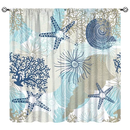 Kids Seashell Window Curtains, Vintage Blue Coastal Nautical Algae Corals