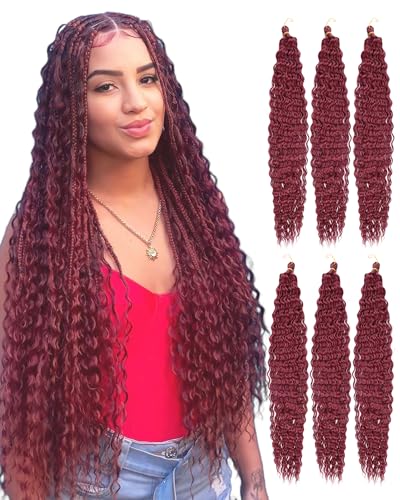 Water Wave Crochet Hair Curly Braiding Hair 24 Inch Ocean Wave Crochet Hair for Wavy Bohemian Boho Braids Deep Wave 6 Packs burgundy
