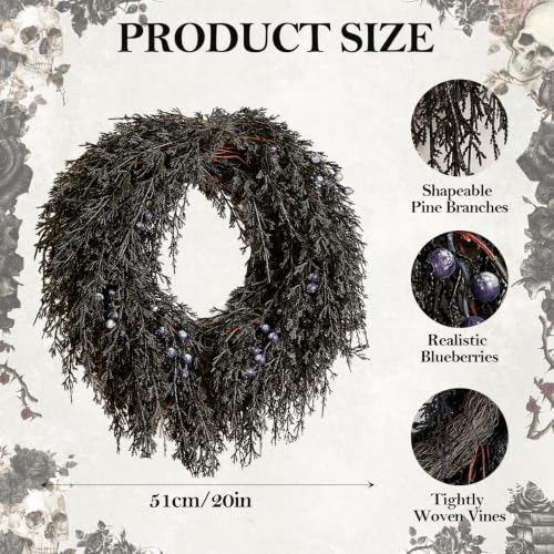 Image of DN DECONATION Halloween Wreath for Front Door, Decorations for Outdoor | 20in, Black Pine Wreath with Berries, Perfect for Fall Halloween Decorations, Farmhouse Home Wall Mantle Door Decor