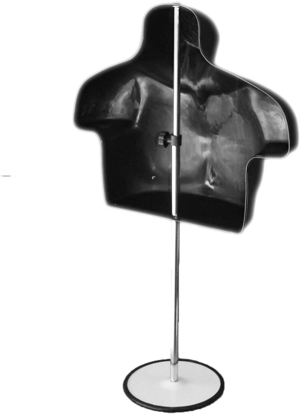Black Male Mannequin Chest Long Hollow Back Body Torso Set w/ Metal Stand with Metal Pole & Hanging Hook, S-M Size (1)