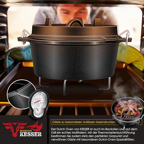 Foto von KESSER® Dutch Oven Set BBQ 9 Liter, Feuertopf Schmortopf mit Edelstahluntersetzer, Gusseisen Topf mit Deckelheber Henkel und Schlitz für Themormeter, kochkessel Grilltopf für Oudoor & Indoor