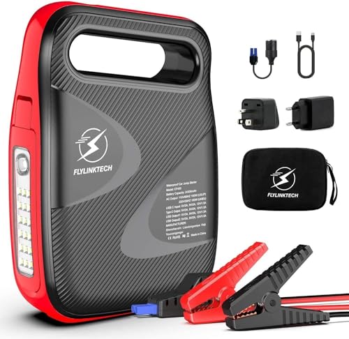 FLYLINKTECH Starthilfe Powerbank Auto 8000A Spitzstrom 24000mAh 220V/50Hz 100W AC-Ausgang für alle Benzinmotor oder 8.0L Dieselmotor, Tragbare Auto Starthilfe 12V