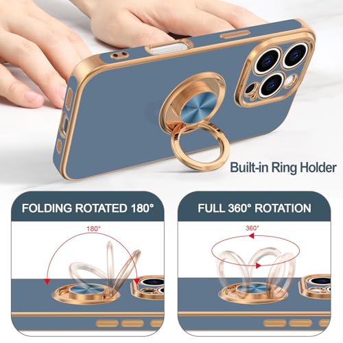 Hython for iPhone 16 Pro Max Case with Ring Stand, 360° Rotatable Ring Holder Magnetic Kickstand, Plating Rose Gold Edge Soft Cover Protective Phone Case for iPhone 16 Pro Max 6.9", Blue Gray by Hython - Image 4