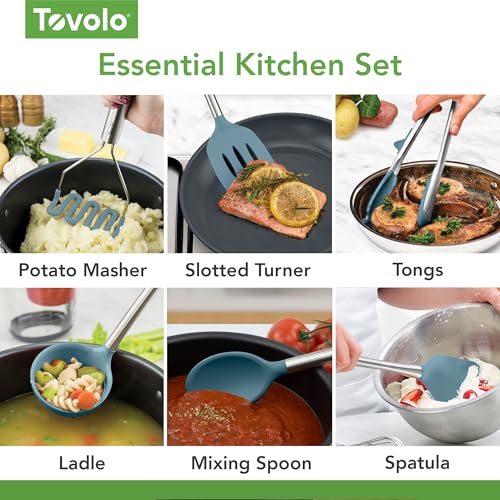Image of Tovolo Silicone Cooking Utensil Set of 6 Blue Slate Ladle Slotted Turner Tongs Flex Core Spatula Scraper Mixing Spoon and Potato Masher, Dishwasher Safe BPA Free Silicone Kitchen Utensils