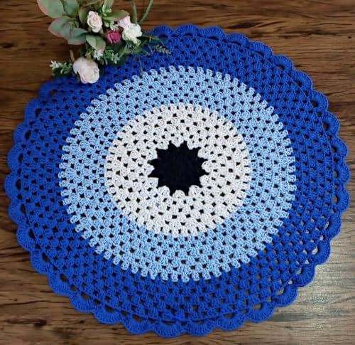 Image of Kavya Craft Present Woollen Handmade Crochet Table Mat /Thal posh (Evil Eye Blue, 16inch)