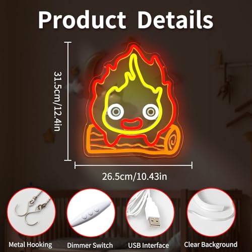 Image of Calcifer Neon Signs Anime Led Sign Flame Night Light Neon Lights for Bedroom Magic Fire Light Up Sign Gifts for Cartoon Castle Lovers Fans Teen Kids