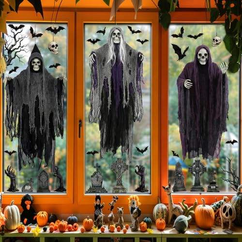 54 PCS Large Halloween Decor, Grim Reaper Halloween Window Clings for Home - image 8