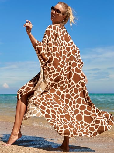 Image of IMAGEKOPE Women's Plus Size Animal Print V-Neck Batwing Kaftan Beach Dress Bathing Suit Cover-Up Loungewear