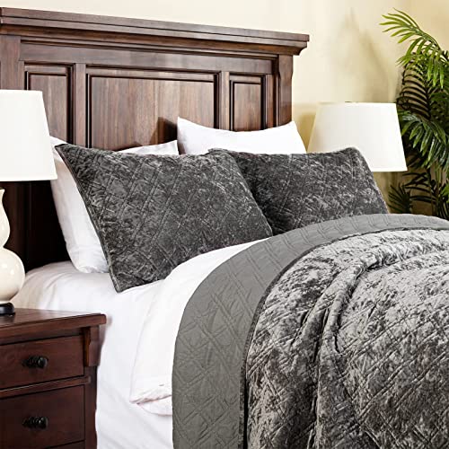 Elegant Life Home Luxury Washed Crushed Velvet Diamond Stitching Bedding Quilt Set With Matching Sham, King/California King (106 In X 92 In /1+20 In X 36 In /2), 3 Piece, Charcoal Gray #TOP3