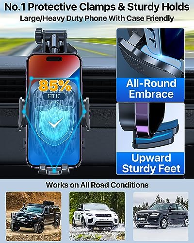 HTU [2026 True Military-Grade] Car Phone Holder [Upgraded Strongest Suction & Clip] Cell Phone Mount for Dashboard Windshield Vent,Truck Cradle Stand for iPhone 16 Pro Max Samsung Android (Black) - Thumbnail 6