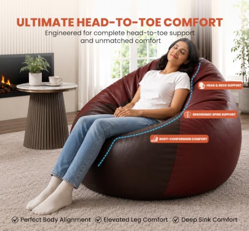Image of Sattva Classic 3XL Bean Bag Chair with Beans Filled | Faux Leather Sofa Style Beanbags for Living Room | Pre-Filled Bin Bag Sofa for Adults & Kids | Beam Bag Seating for Home & Office - Brown & Tan