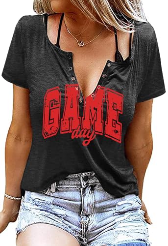 QAUN Game Day Shirt Women: Football V Neck Tshirts Game Day Gift Tops(DarkGrey4, Medium)