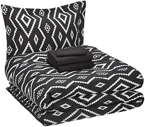 Amazon Basics Lightweight Microfiber 5 Piece Bed-in-a-Bag Comforter Bedding Set, Twin/Twin XL, Black Aztec, Printed
